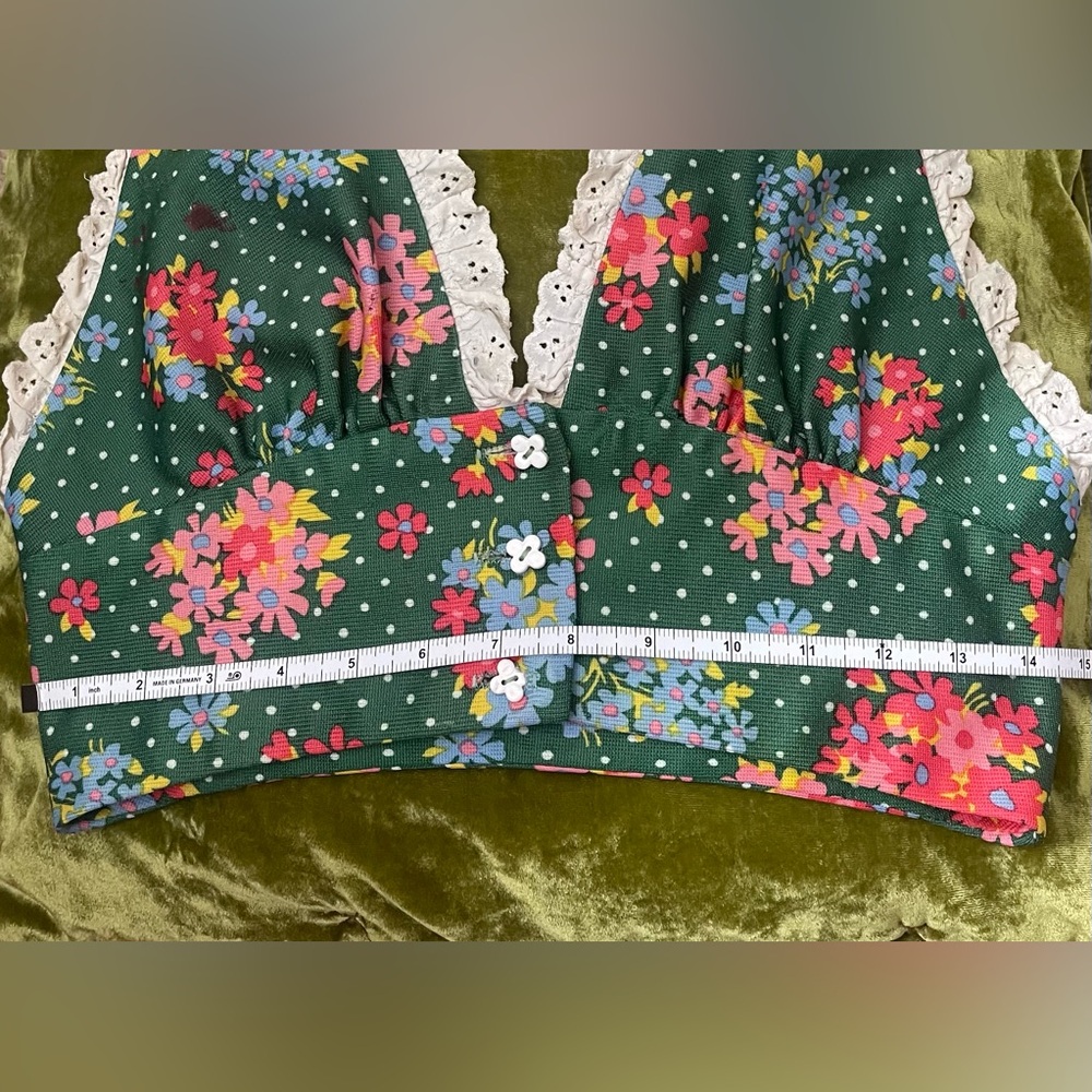 Vintage 1970s floral halter lace button flower green top boho chic - Picture 12 of 16